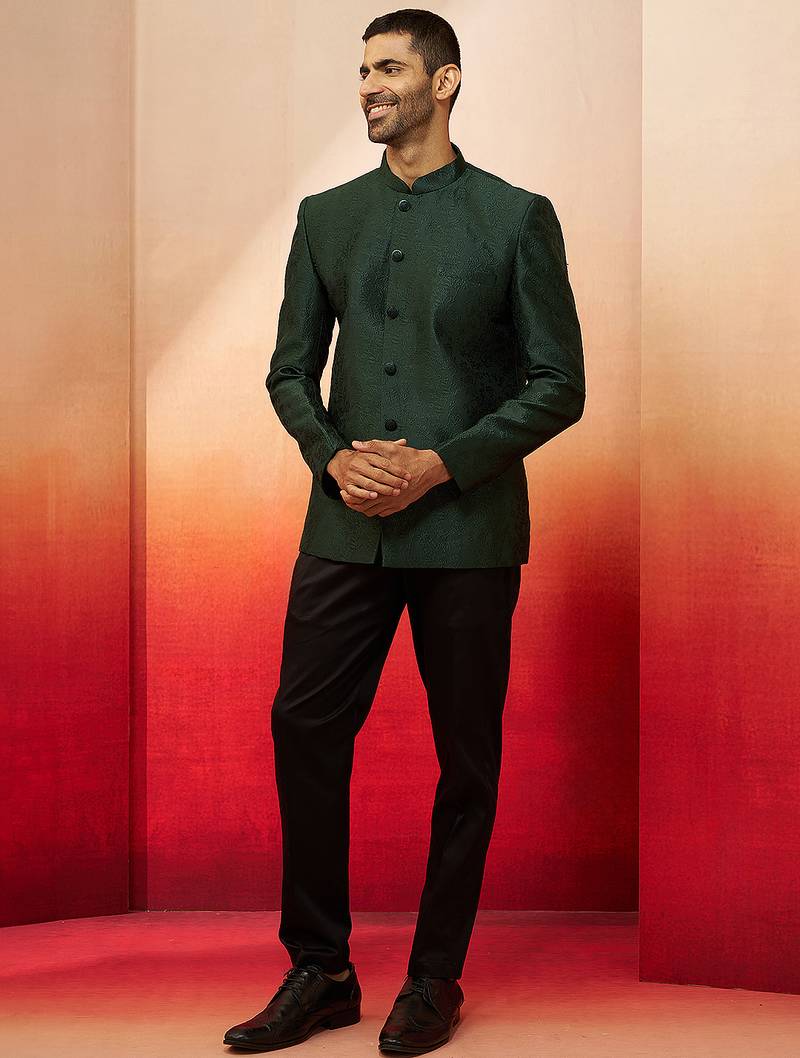 bottle green jacquard jodhpuri with pant - premium tailored set