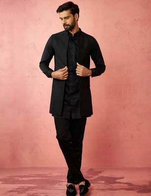 Black jacquard nehru jacket with satin kurta 3-piece wedding set 1