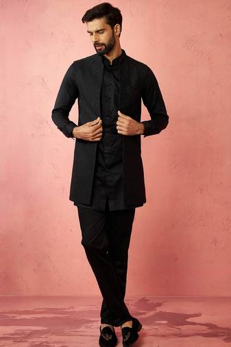 Black jacquard nehru jacket with satin kurta 3-piece wedding set