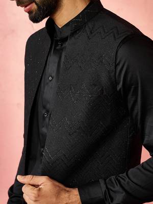 Black jacquard nehru jacket with satin kurta 3-piece wedding set 2