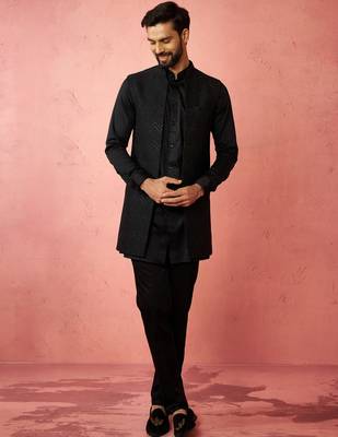 Black jacquard nehru jacket with satin kurta 3-piece wedding set 3