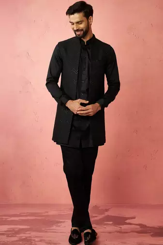 Black jacquard nehru jacket with satin kurta 3-piece wedding set