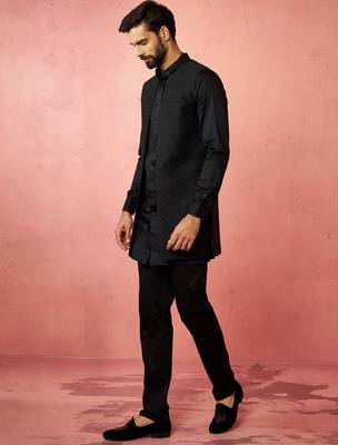 Black jacquard nehru jacket with satin kurta 3-piece wedding set 4