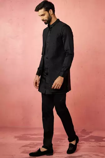 Black jacquard nehru jacket with satin kurta 3-piece wedding set
