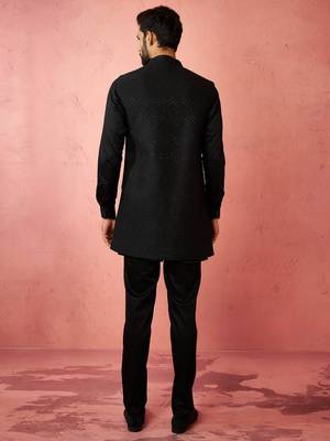 Black jacquard nehru jacket with satin kurta 3-piece wedding set 5