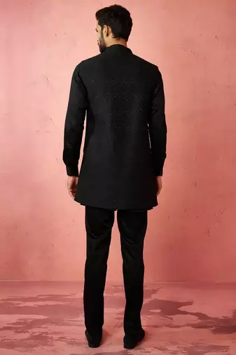 Black jacquard nehru jacket with satin kurta 3-piece wedding set