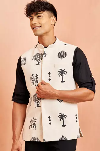 Ethnic jacket kurta set - cream block print nehru jacket black short kurta