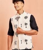 Ethnic jacket kurta set - cream block print nehru jacket black short kurta
