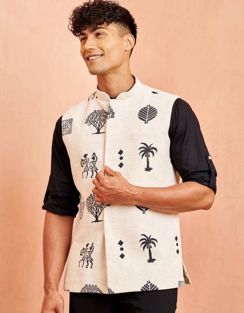 Ethnic jacket kurta set - cream block print nehru jacket black short kurta