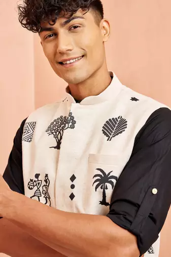 Ethnic jacket kurta set - cream block print nehru jacket black short kurta