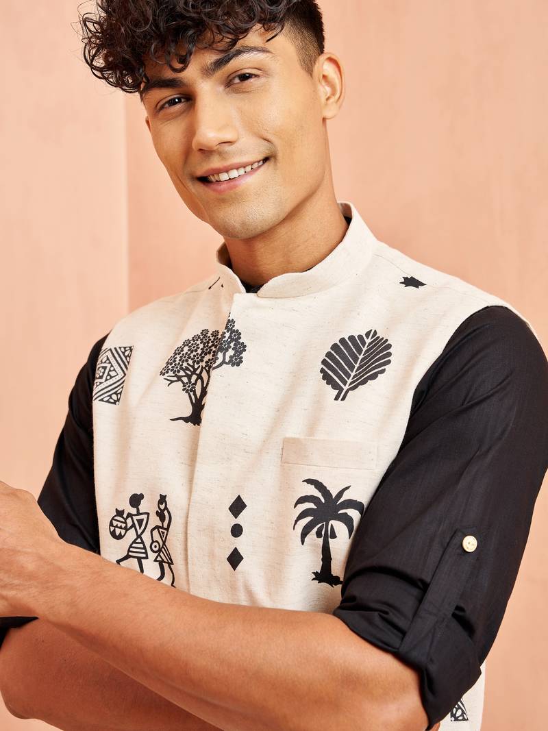 Ethnic jacket kurta set - cream block print nehru jacket black short kurta