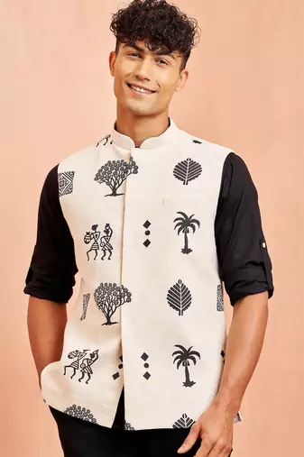 Ethnic jacket kurta set - cream block print nehru jacket black short kurta