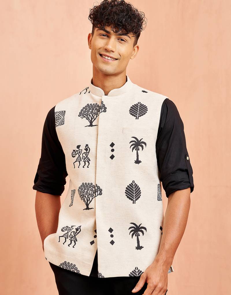 Ethnic jacket kurta set - cream block print nehru jacket black short kurta