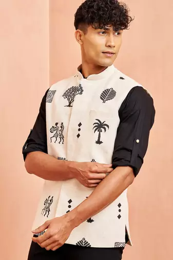 Ethnic jacket kurta set - cream block print nehru jacket black short kurta