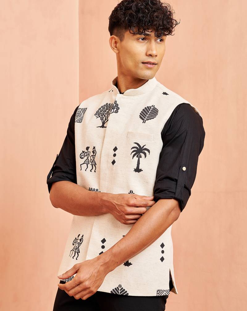 Ethnic jacket kurta set - cream block print nehru jacket black short kurta