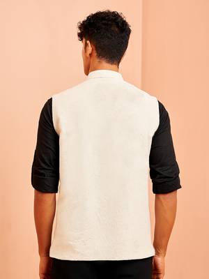 Ethnic jacket kurta set - cream block print nehru jacket black short kurta 5