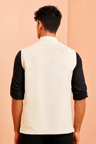 Ethnic jacket kurta set - cream block print nehru jacket black short kurta