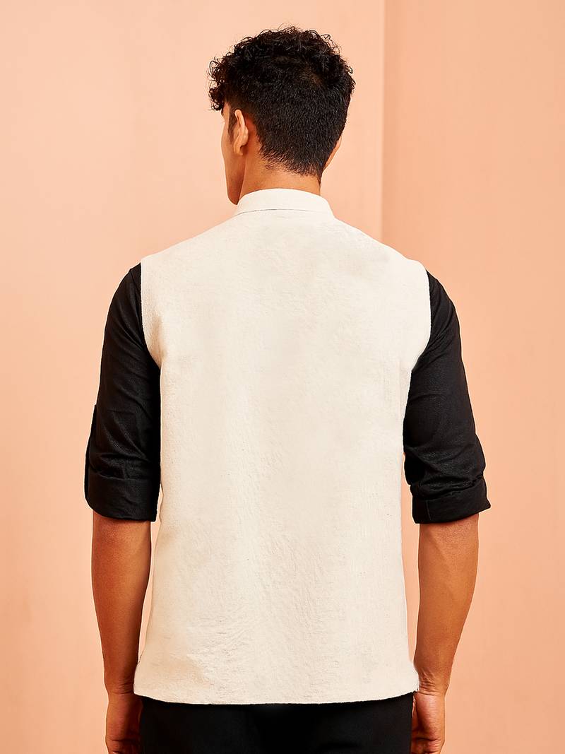 Ethnic jacket kurta set - cream block print nehru jacket black short kurta