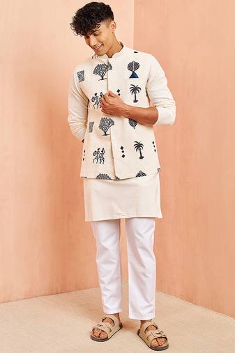 Cream ethnic set - block print nehru jacket mid length kurta white pyjama