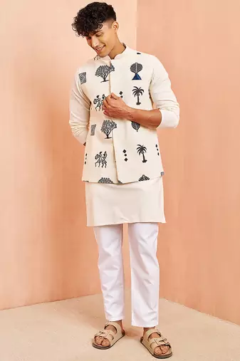 Cream ethnic set - block print nehru jacket mid length kurta white pyjama