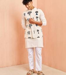 Cream ethnic set - block print nehru jacket mid length kurta white pyjama