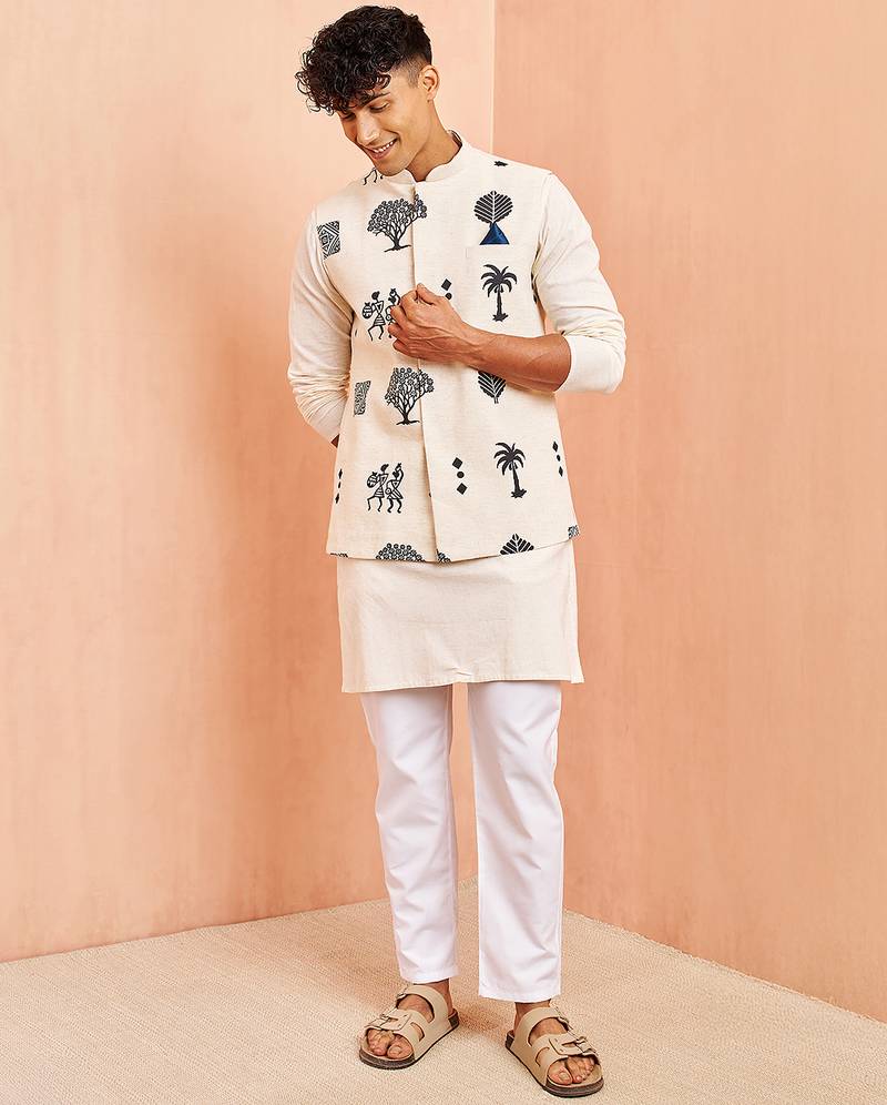 Cream ethnic set - block print nehru jacket mid length kurta white pyjama