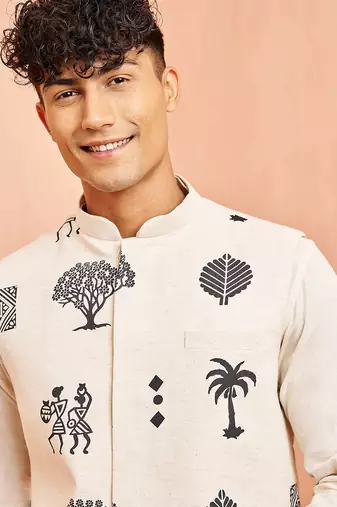 Cream ethnic set - block print nehru jacket mid length kurta white pyjama