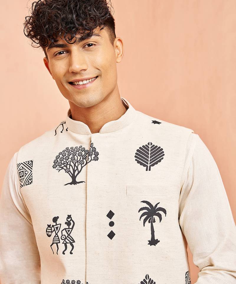 Cream ethnic set - block print nehru jacket mid length kurta white pyjama