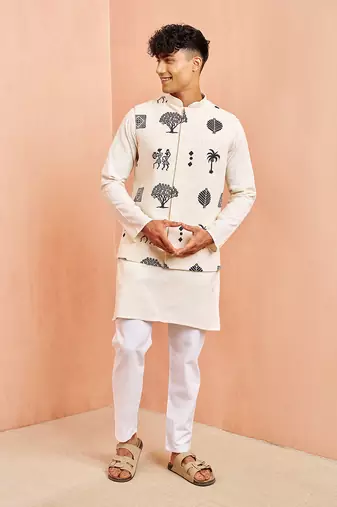 Cream ethnic set - block print nehru jacket mid length kurta white pyjama