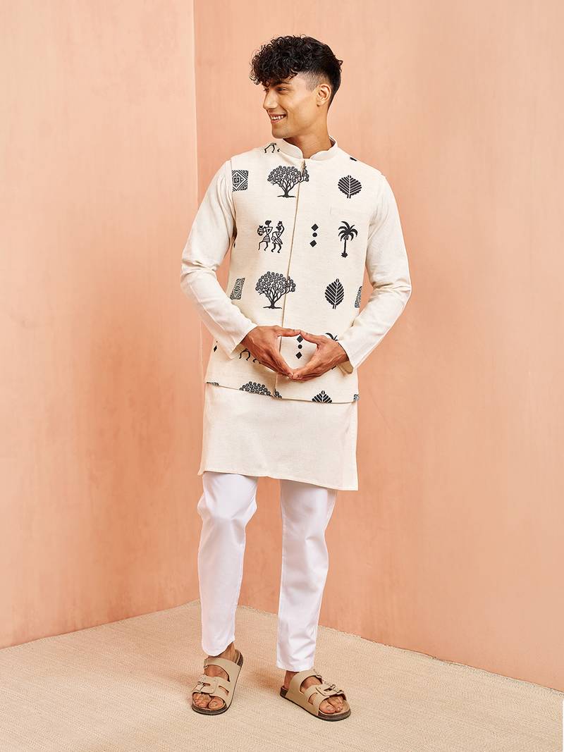 Cream ethnic set - block print nehru jacket mid length kurta white pyjama