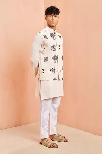 Cream ethnic set - block print nehru jacket mid length kurta white pyjama