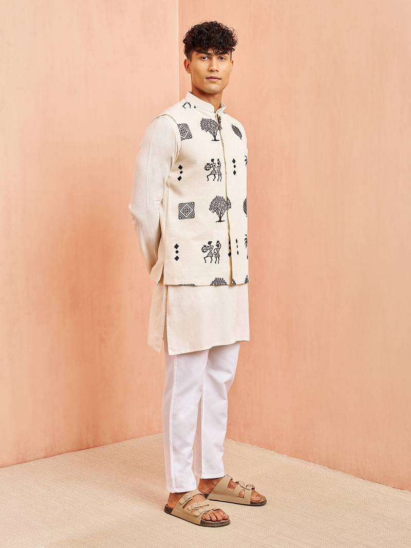 Cream ethnic set - block print nehru jacket mid length kurta white pyjama