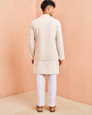 Cream ethnic set - block print nehru jacket mid length kurta white pyjama 5