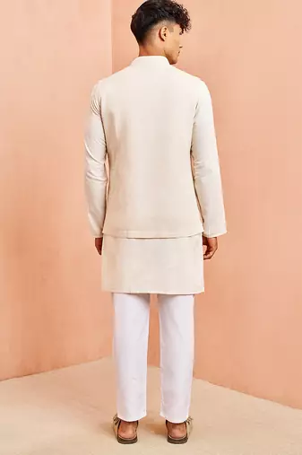 Cream ethnic set - block print nehru jacket mid length kurta white pyjama