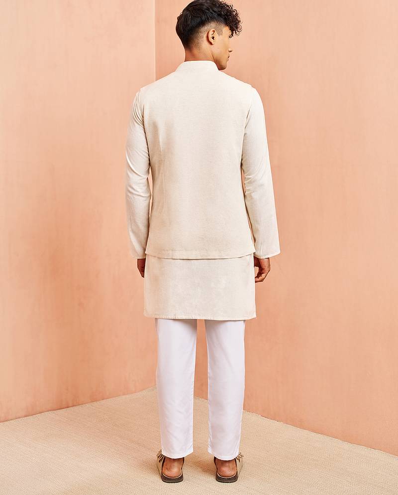 Cream ethnic set - block print nehru jacket mid length kurta white pyjama