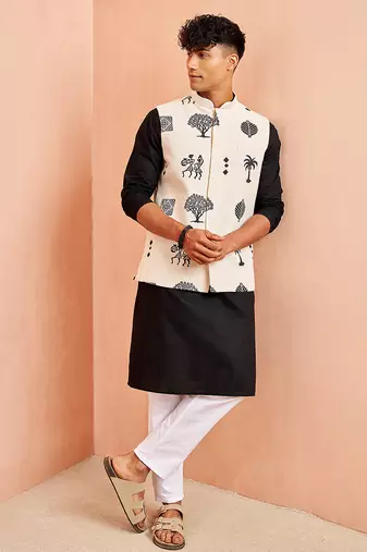 3 piece ethnic set - cream block print nehru jacket black kurta white pyjama