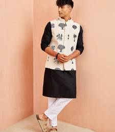 3 piece ethnic set - cream block print nehru jacket black kurta white pyjama