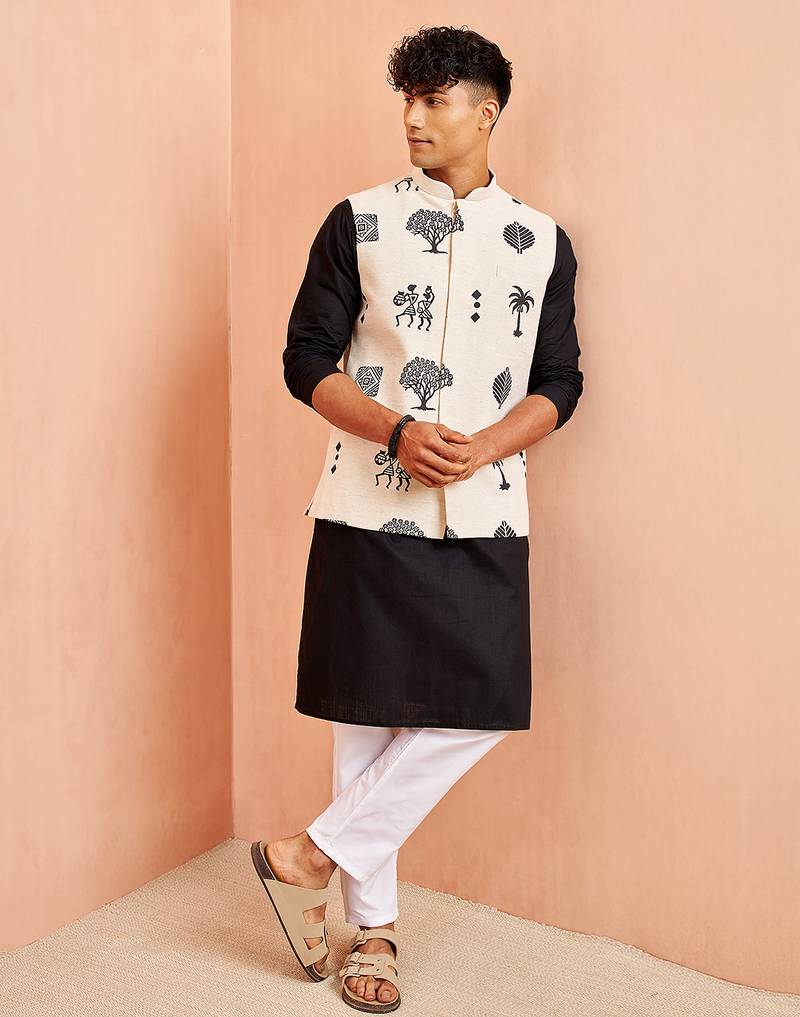 3 piece ethnic set - cream block print nehru jacket black kurta white pyjama