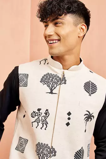 3 piece ethnic set - cream block print nehru jacket black kurta white pyjama