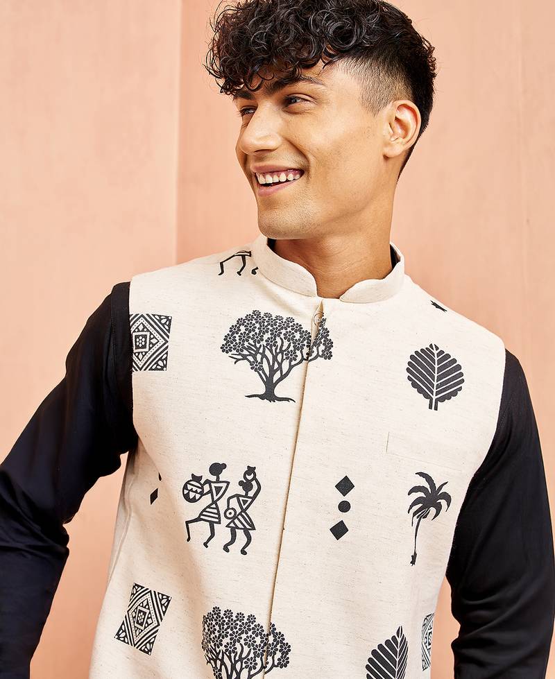 3 piece ethnic set - cream block print nehru jacket black kurta white pyjama