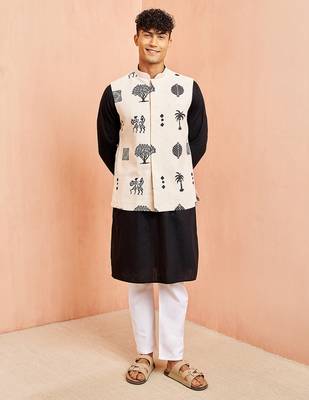 3 piece ethnic set - cream block print nehru jacket black kurta white pyjama 3