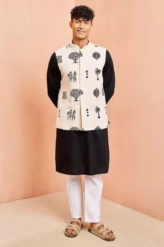 3 piece ethnic set - cream block print nehru jacket black kurta white pyjama