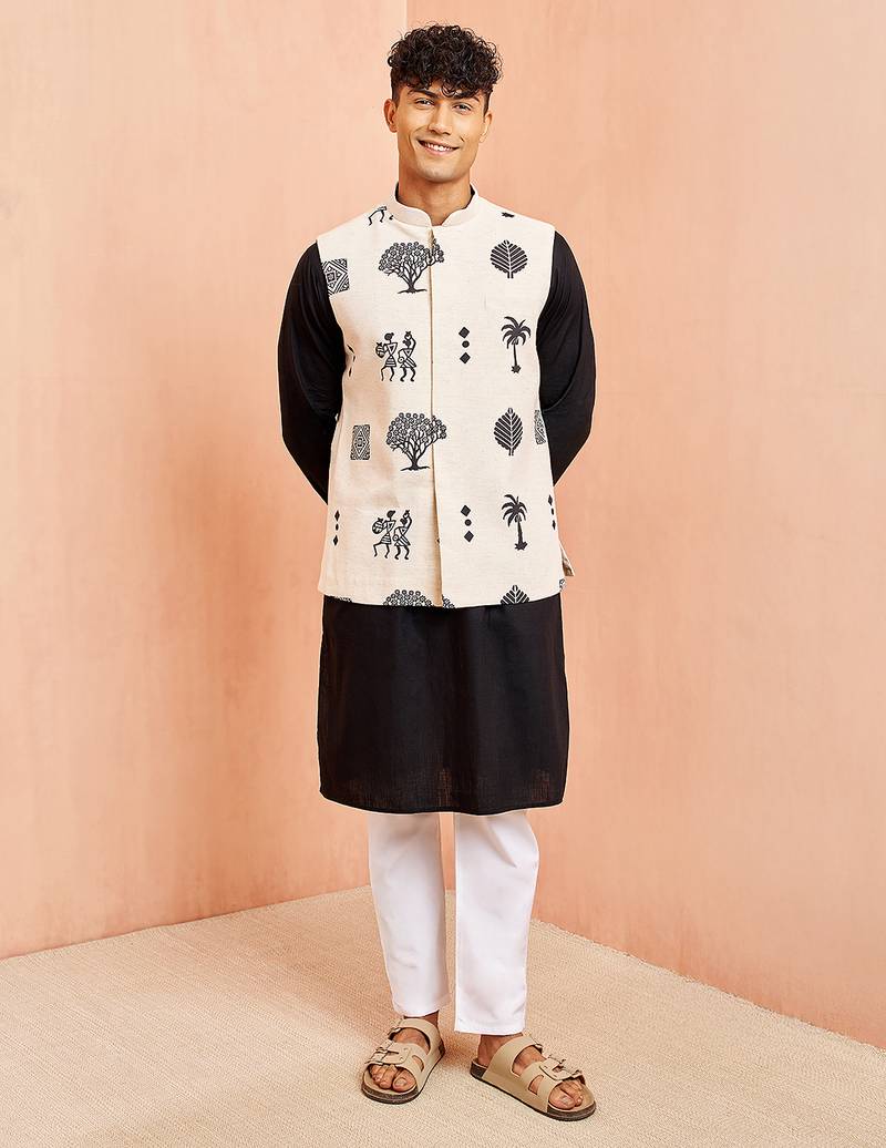 3 piece ethnic set - cream block print nehru jacket black kurta white pyjama