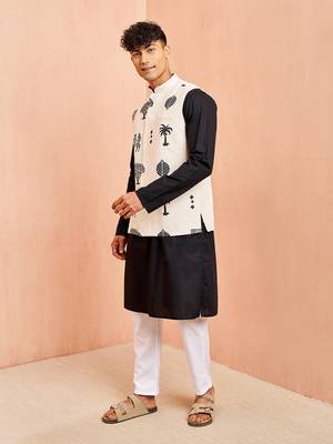 3 piece ethnic set - cream block print nehru jacket black kurta white pyjama 4