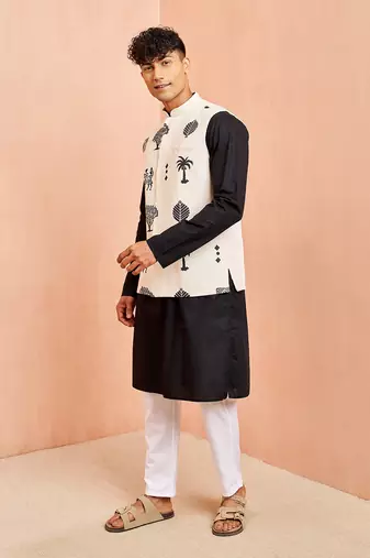 3 piece ethnic set - cream block print nehru jacket black kurta white pyjama