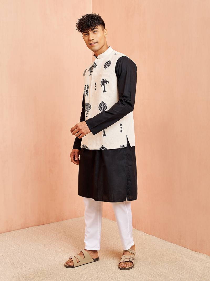 3 piece ethnic set - cream block print nehru jacket black kurta white pyjama