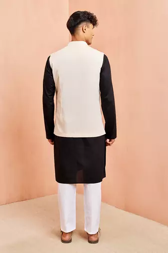 3 piece ethnic set - cream block print nehru jacket black kurta white pyjama