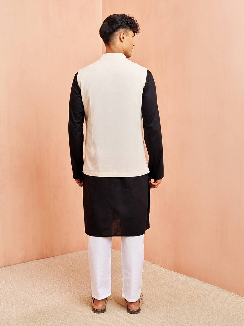 3 piece ethnic set - cream block print nehru jacket black kurta white pyjama