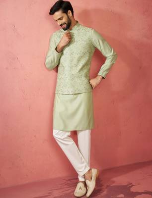 Pista green nehru jacket kurta set with pyjama - wedding ensemble 1