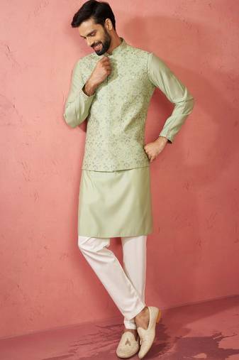 Pista green nehru jacket kurta set with pyjama - wedding ensemble